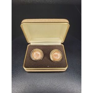 Cufflinks Gold Tone Round Greek Key Marbled Pink Accent Boxed Excellent